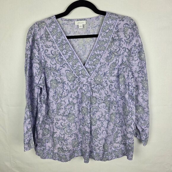 J. Jill Love Linen Purple Paisley Boho Popover Blouse Border Print Boxy Sz Med - Picture 2 of 7